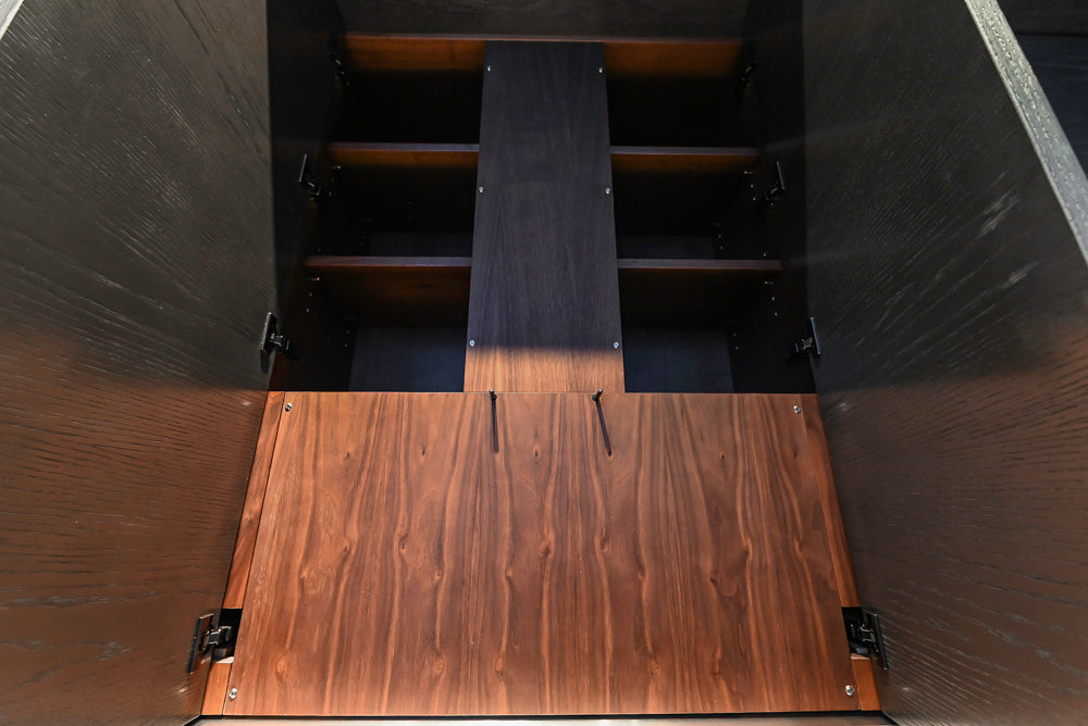 Modern White and Brown Wood Veneer Kitchen with Waterfall Island, Marble Countertops & Miele Appliances