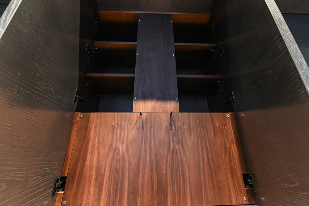 Modern White and Brown Wood Veneer Kitchen with Waterfall Island, Marble Countertops & Miele Appliances