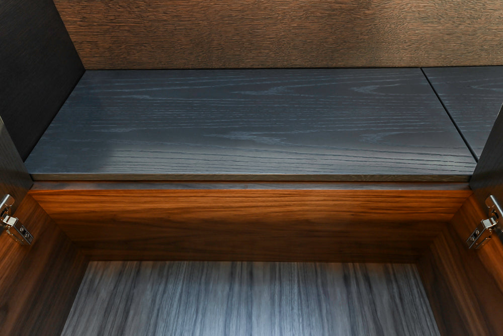 Modern White and Brown Wood Veneer Kitchen with Waterfall Island, Marble Countertops & Miele Appliances