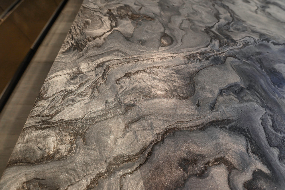 Modern White and Brown Wood Veneer Kitchen with Waterfall Island, Marble Countertops & Miele Appliances
