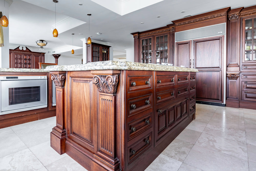 Clive Christian Regency Style Traditional Mahogany Kitchen with Granite Countertops & Gaggenau Appliances