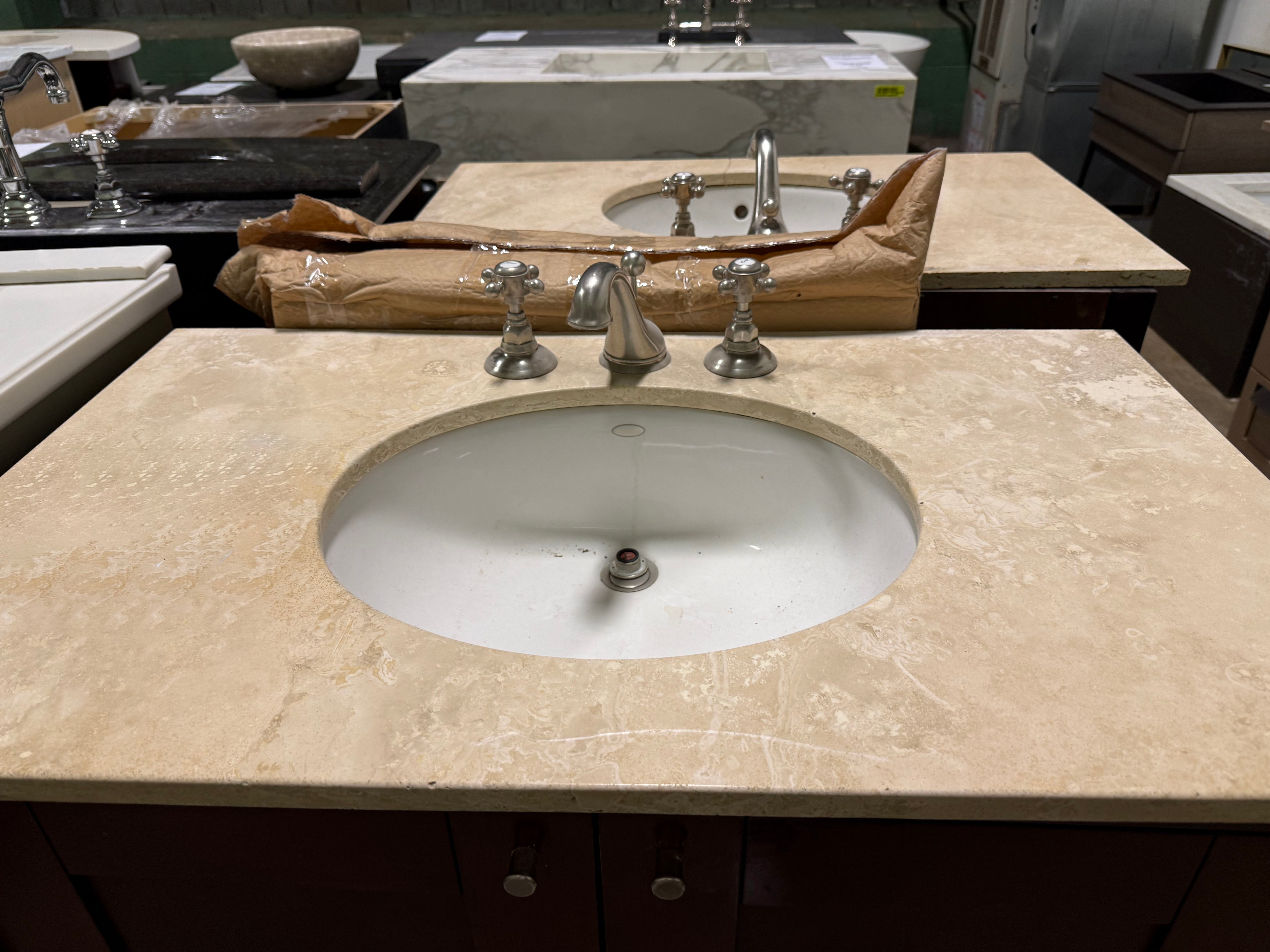 Traditional 37" Cherry Wood Single Vanity with Stone Top, Sink and Faucet