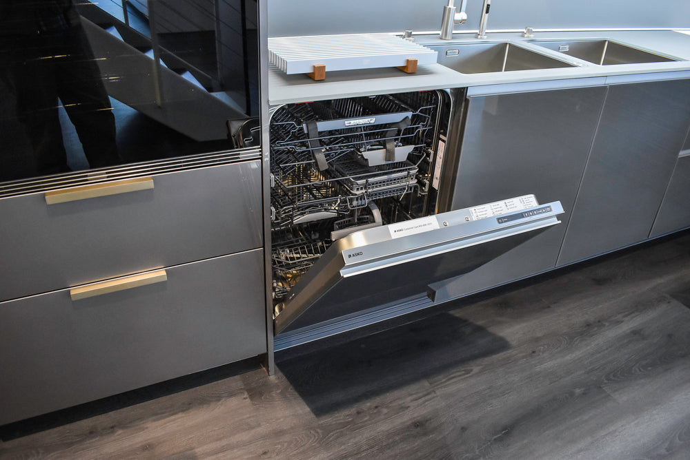 Poggenpohl Standard Modern Multi-Tone Kitchen with Glass Upper Cabinets and Sub-Zero & Wolf Appliances