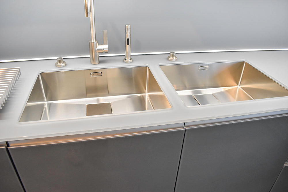 Poggenpohl Standard Modern Multi-Tone Kitchen with Glass Upper Cabinets and Sub-Zero & Wolf Appliances