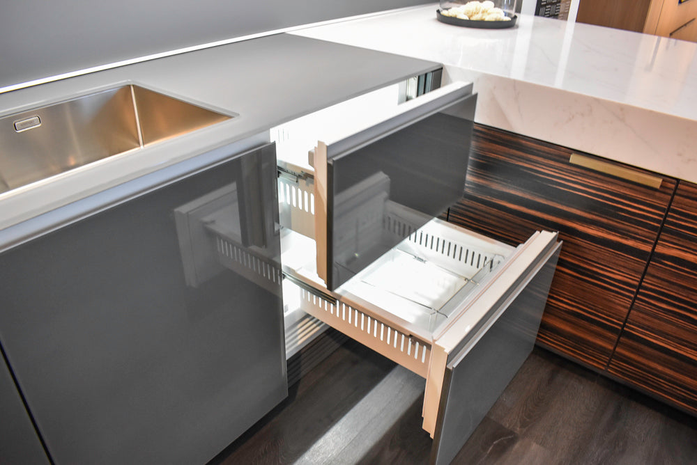 Poggenpohl Standard Modern Multi-Tone Kitchen with Glass Upper Cabinets and Sub-Zero & Wolf Appliances