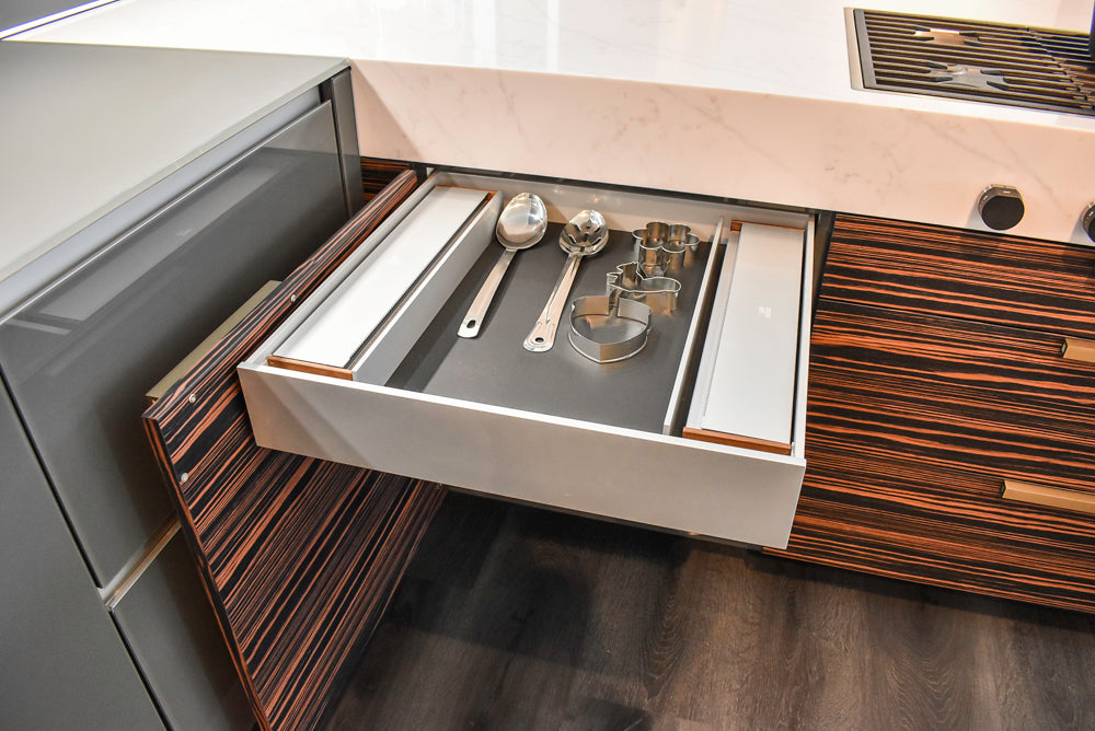 Poggenpohl Standard Modern Multi-Tone Kitchen with Glass Upper Cabinets and Sub-Zero & Wolf Appliances