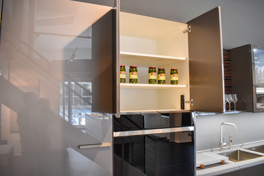 Poggenpohl Standard Modern Multi-Tone Kitchen with Glass Upper Cabinets and Sub-Zero & Wolf Appliances