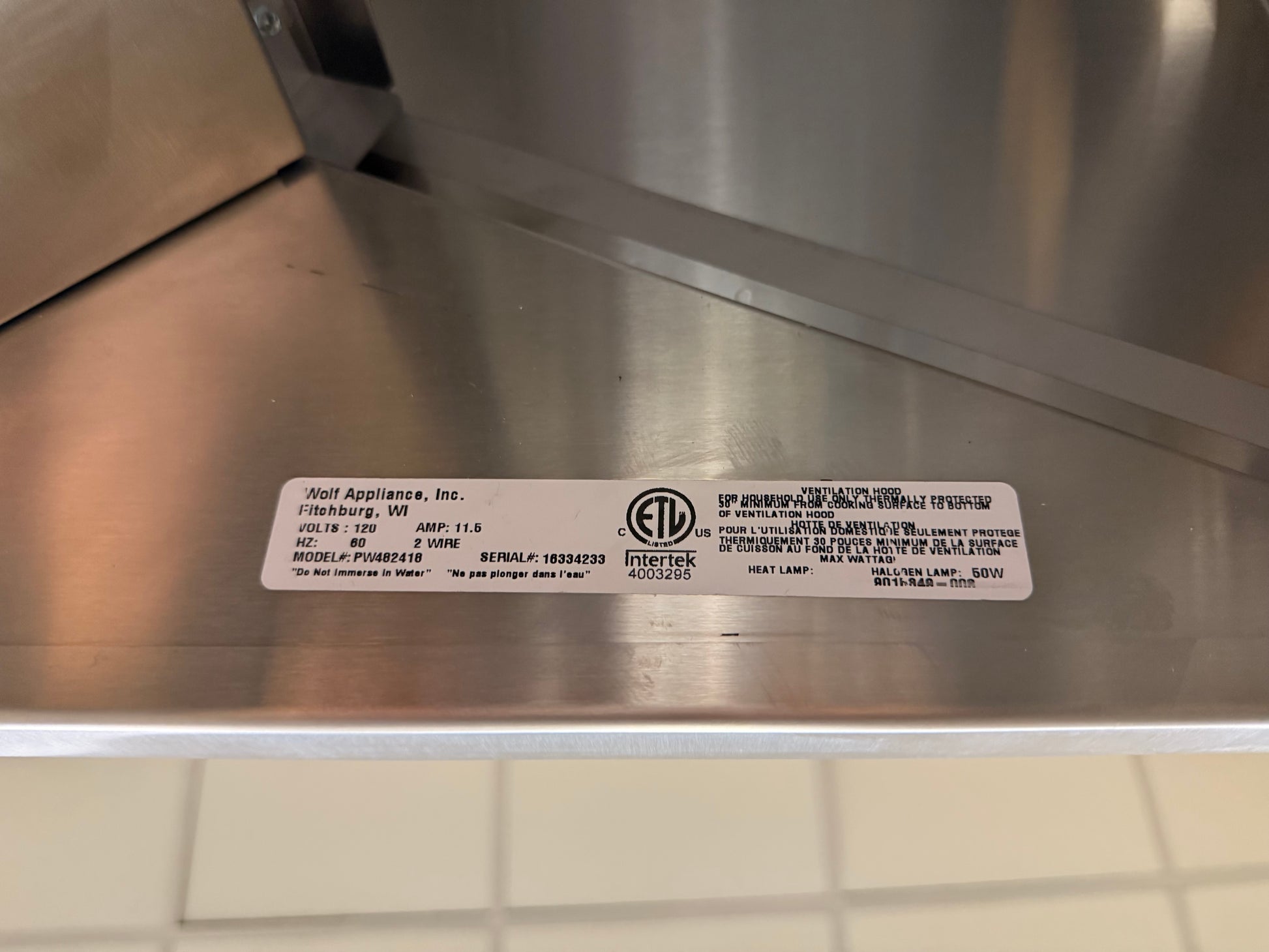 Wolf PW482418 48" Stainless Steel Wall Mount Canopy Hood