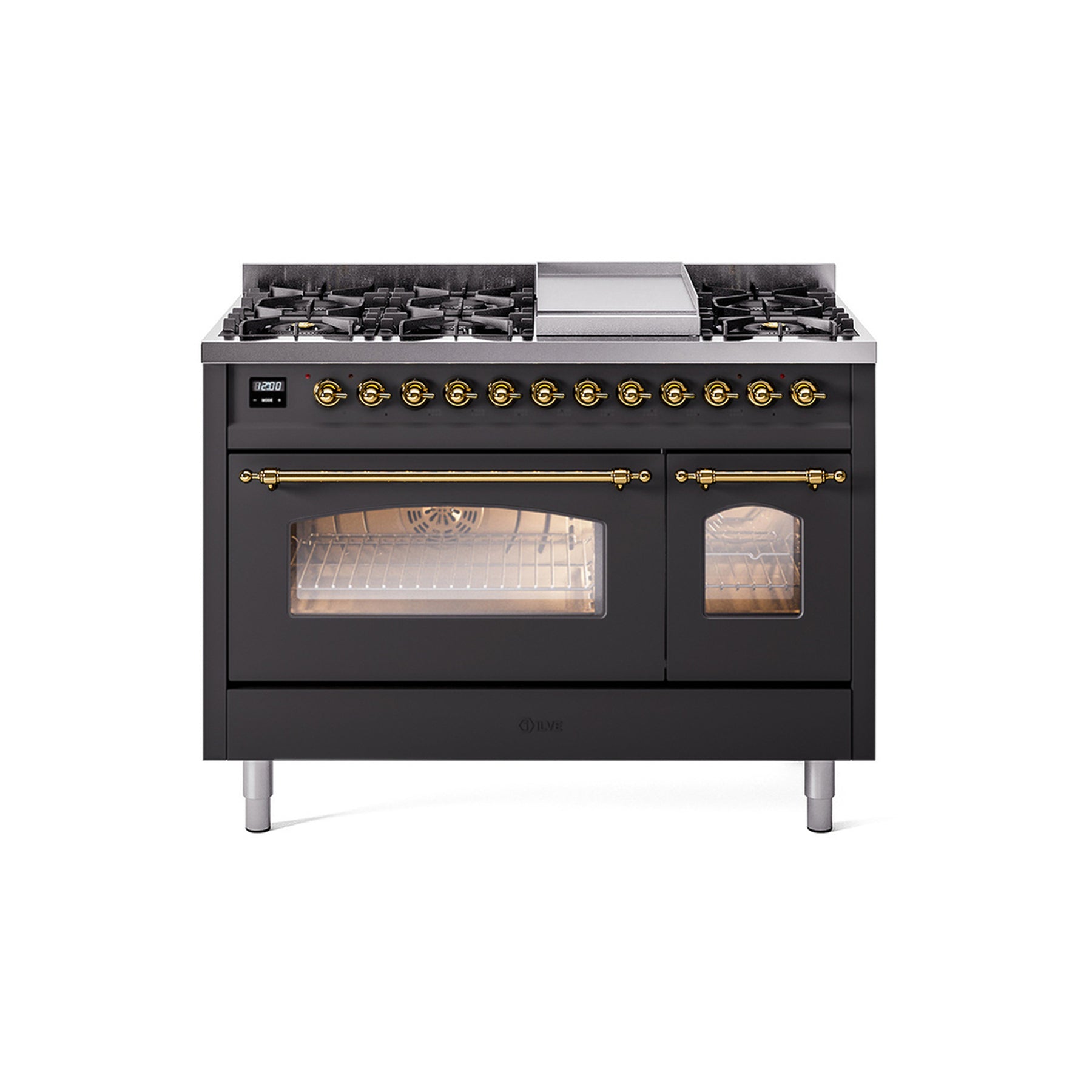 Ilve Nostalgie UP48FNMPMGG 48" Graphite Matte & Brass Dual Fuel Range