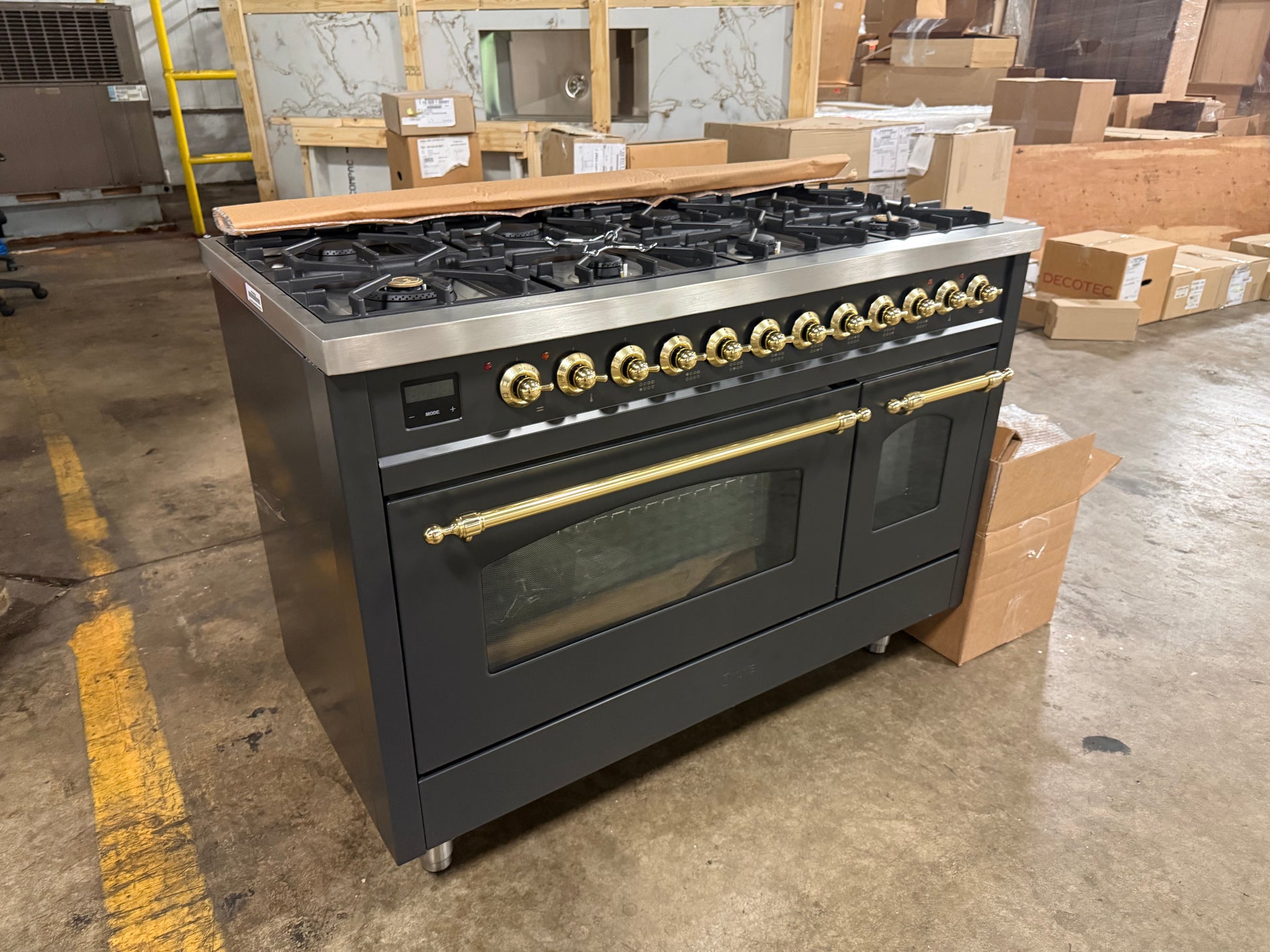 ILVE UP48FNMPMGG Nostalgie II 48 inch dual fuel range graphite matte brass front view
