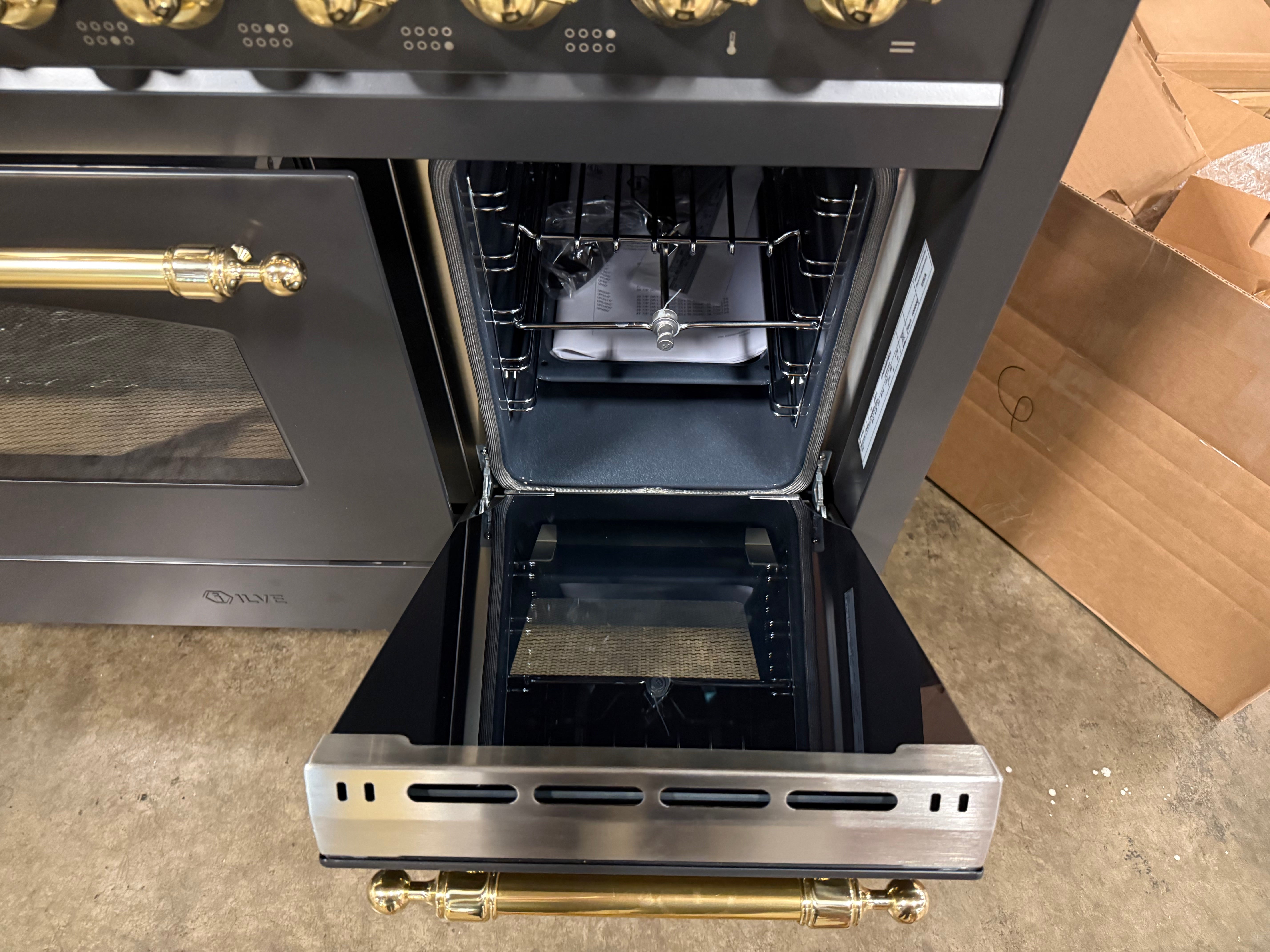 Ilve Nostalgie UP48FNMPMGG 48" Graphite Matte & Brass Dual Fuel Range