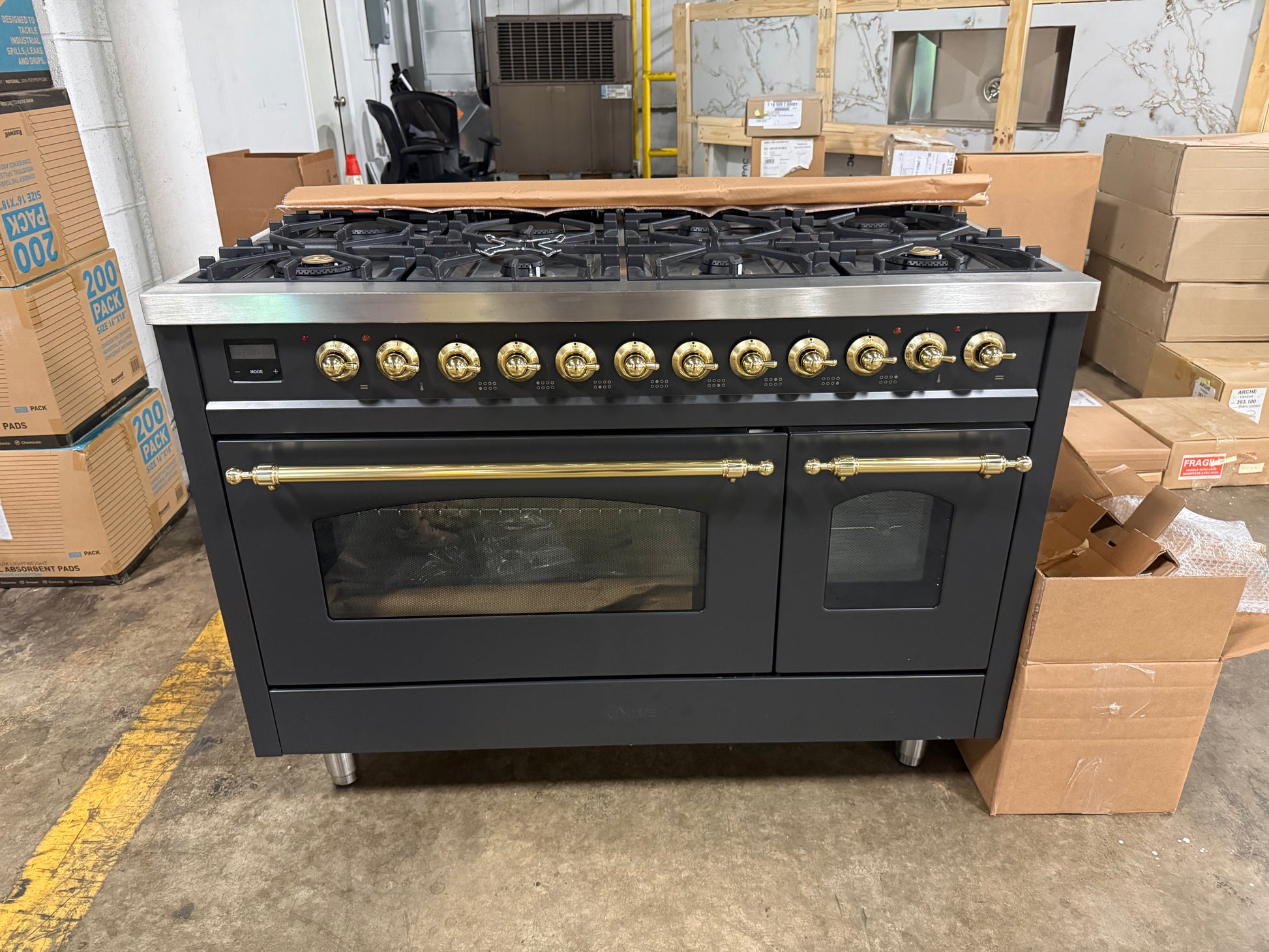 Luxury 48 inch retro Italian freestanding double oven gas range with brass trim by ILVE