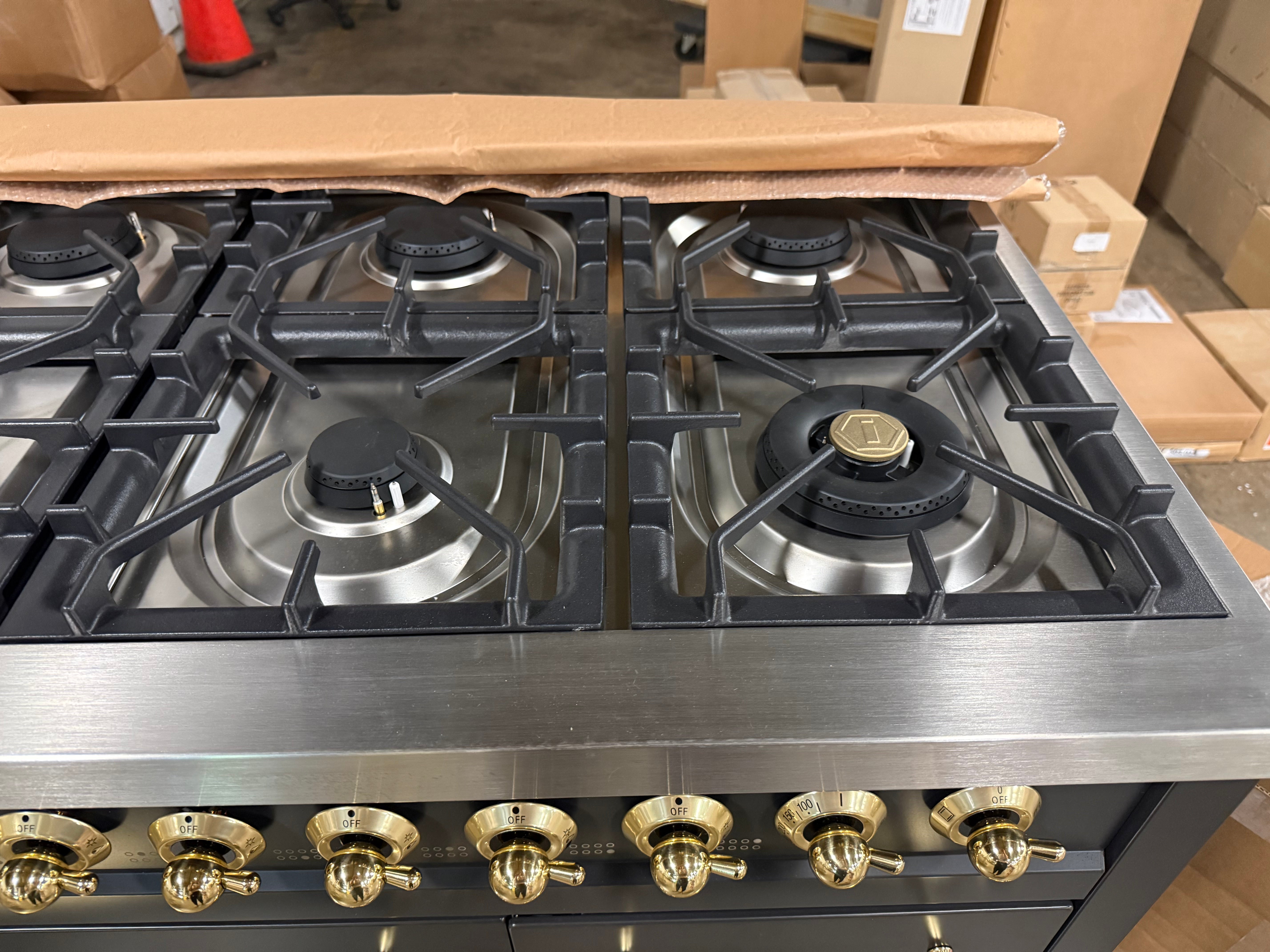 Ilve Nostalgie UP48FNMPMGG 48" Graphite Matte & Brass Dual Fuel Range