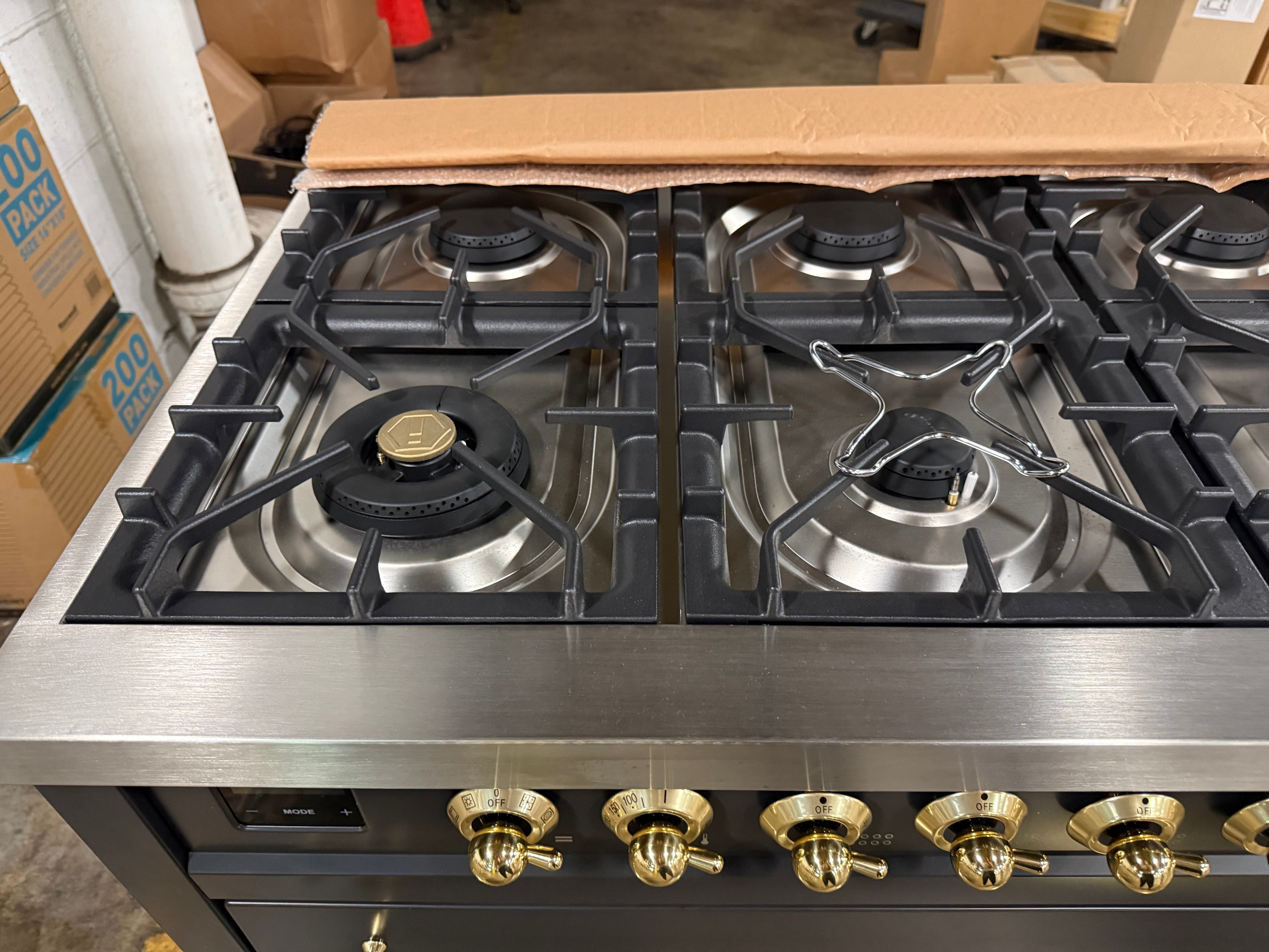 Ilve Nostalgie UP48FNMPMGG 48" Graphite Matte & Brass Dual Fuel Range