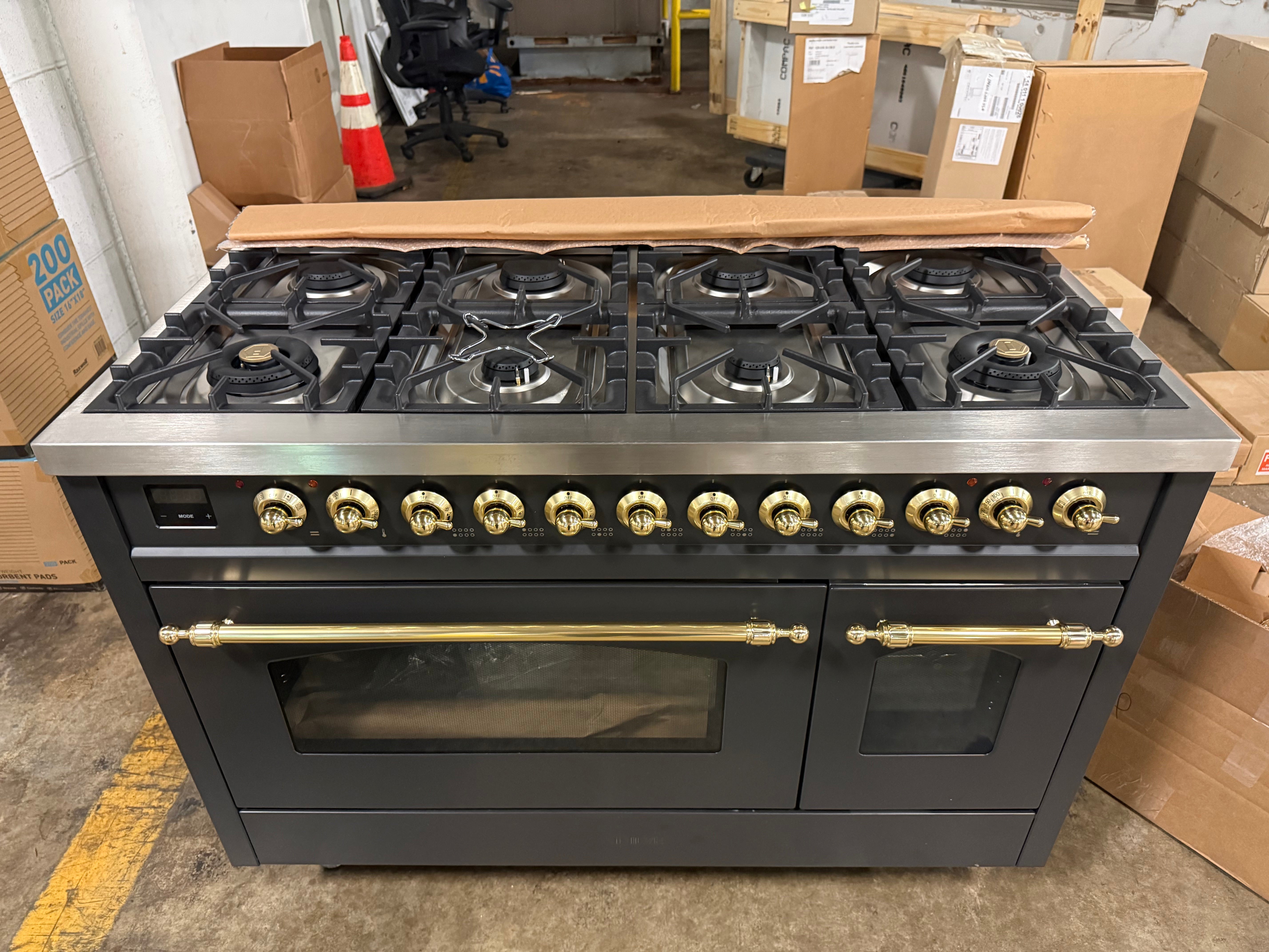 Ilve Nostalgie UP48FNMPMGG 48" Graphite Matte & Brass Dual Fuel Range