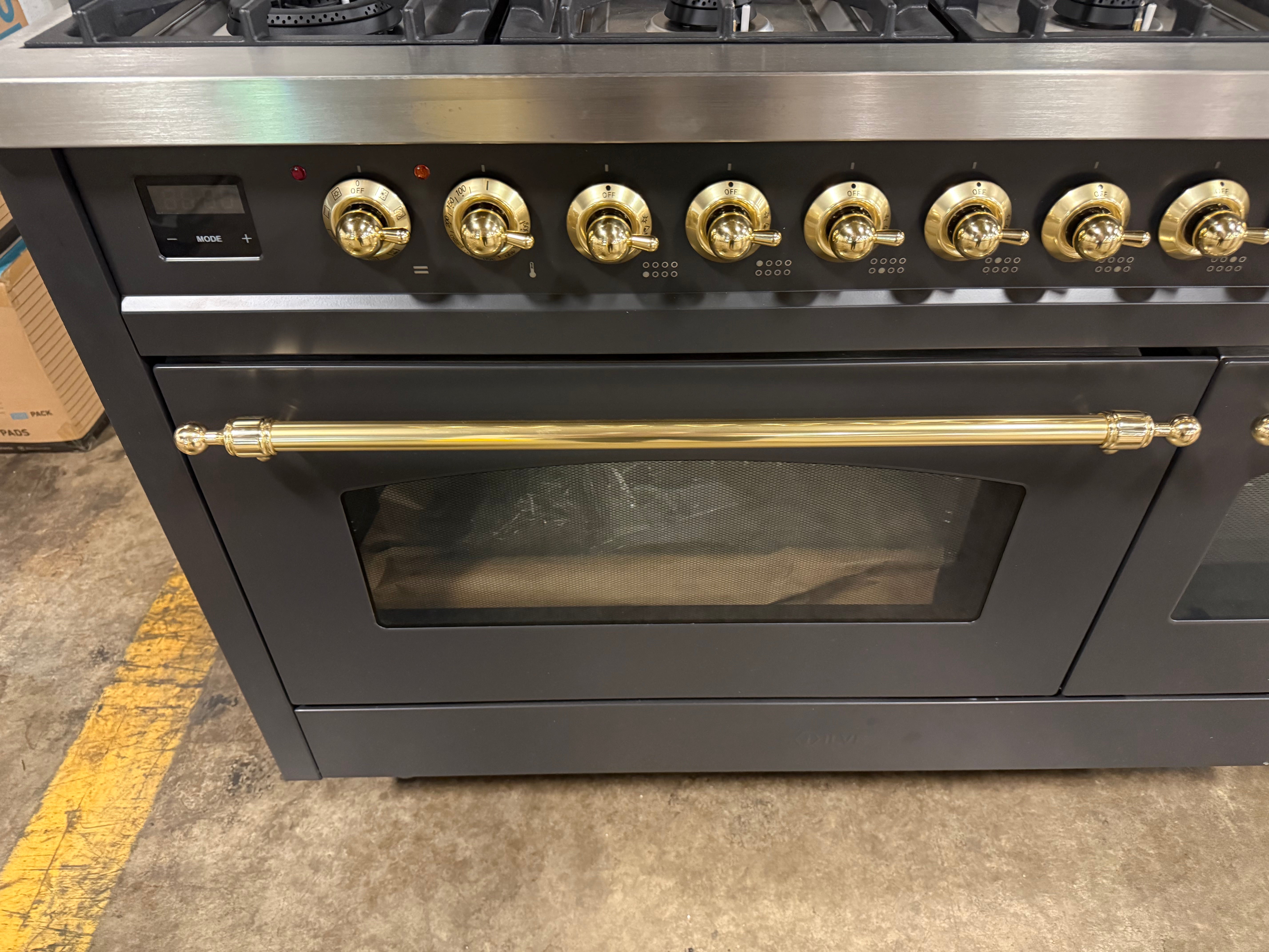 Ilve Nostalgie UP48FNMPMGG 48" Graphite Matte & Brass Dual Fuel Range