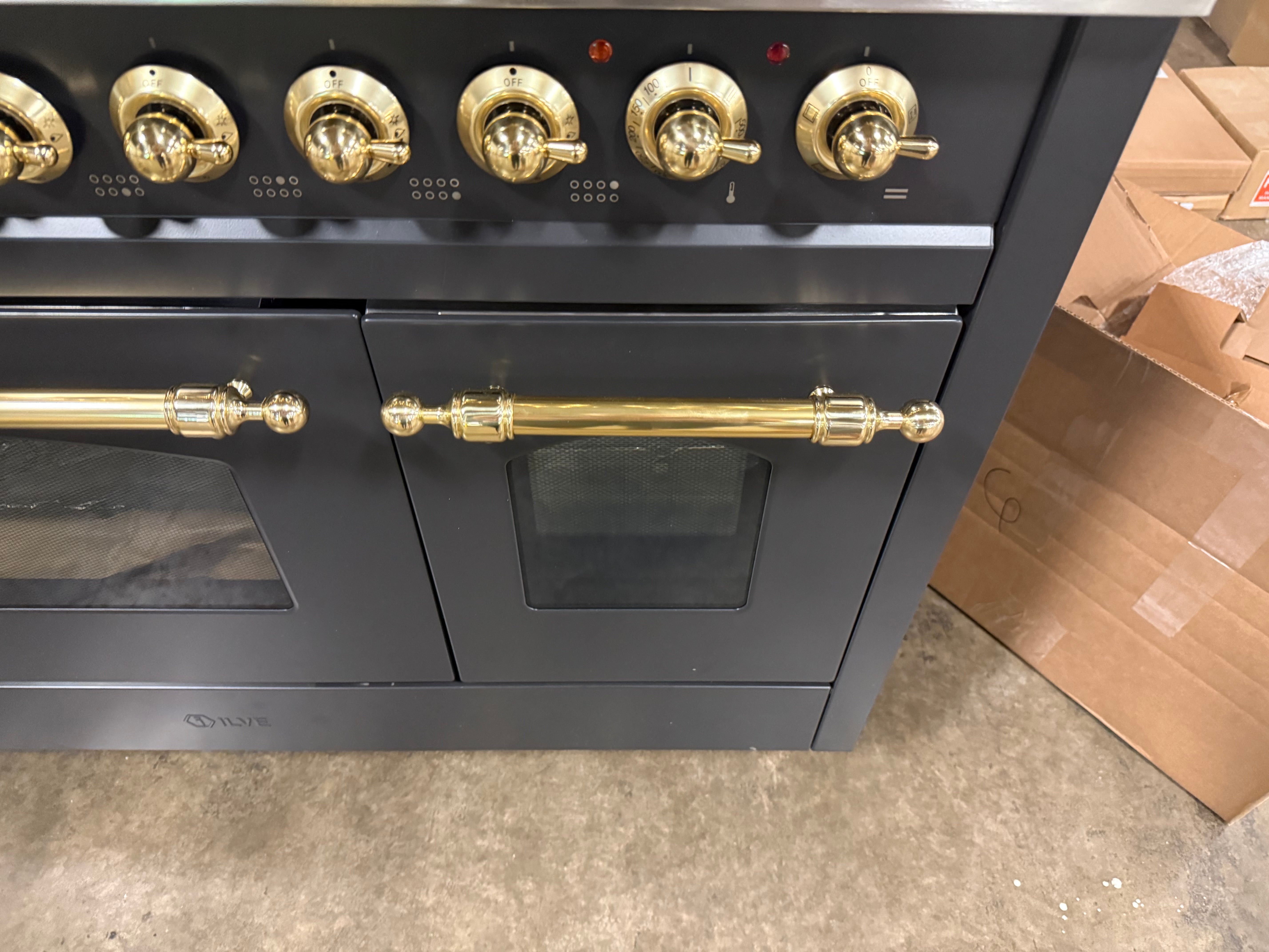 Ilve Nostalgie UP48FNMPMGG 48" Graphite Matte & Brass Dual Fuel Range