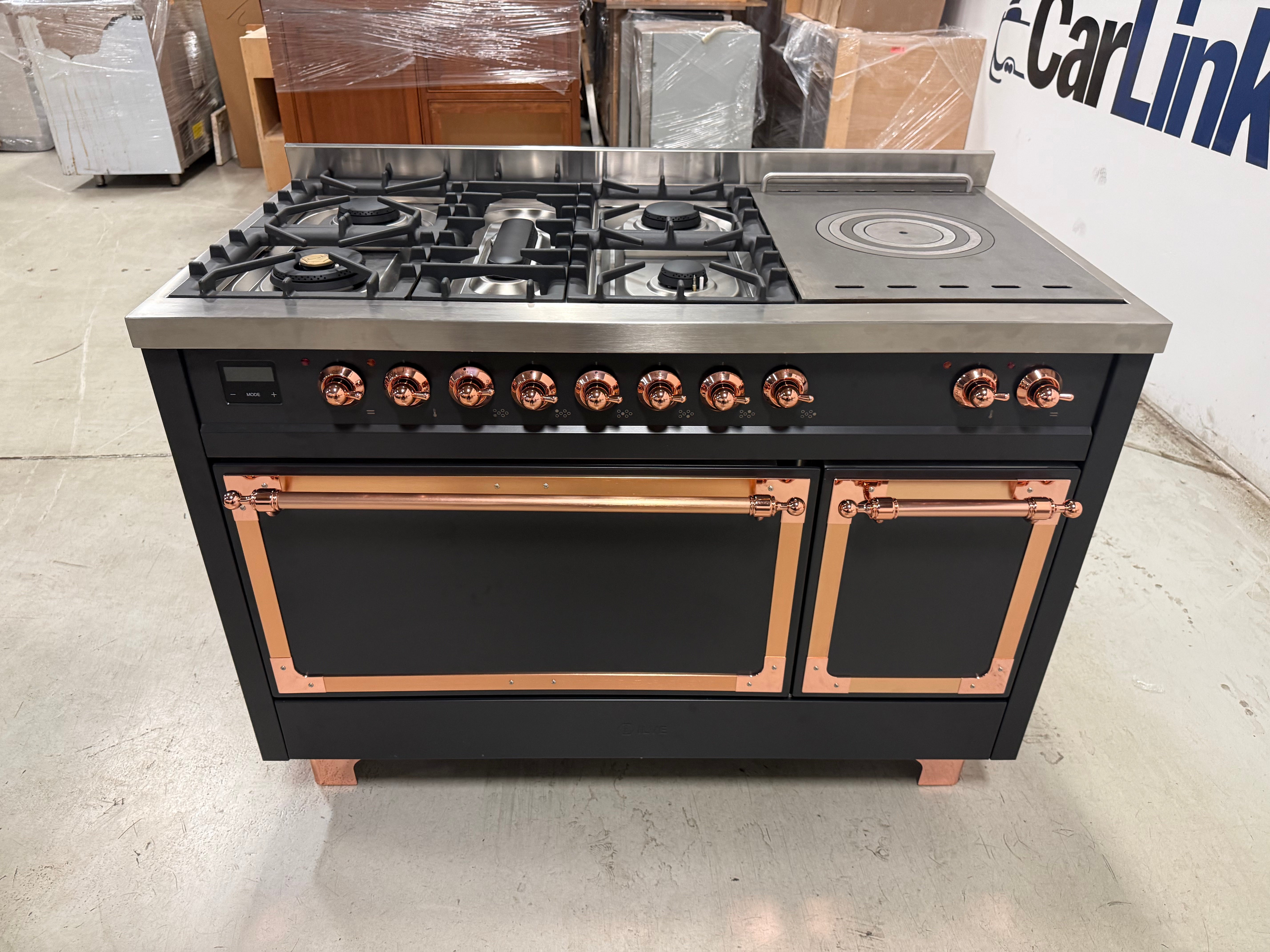 ILVE UN48FSQNMPMGP Nostalgie II Noblesse 48 inch dual fuel range graphite matte copper front view