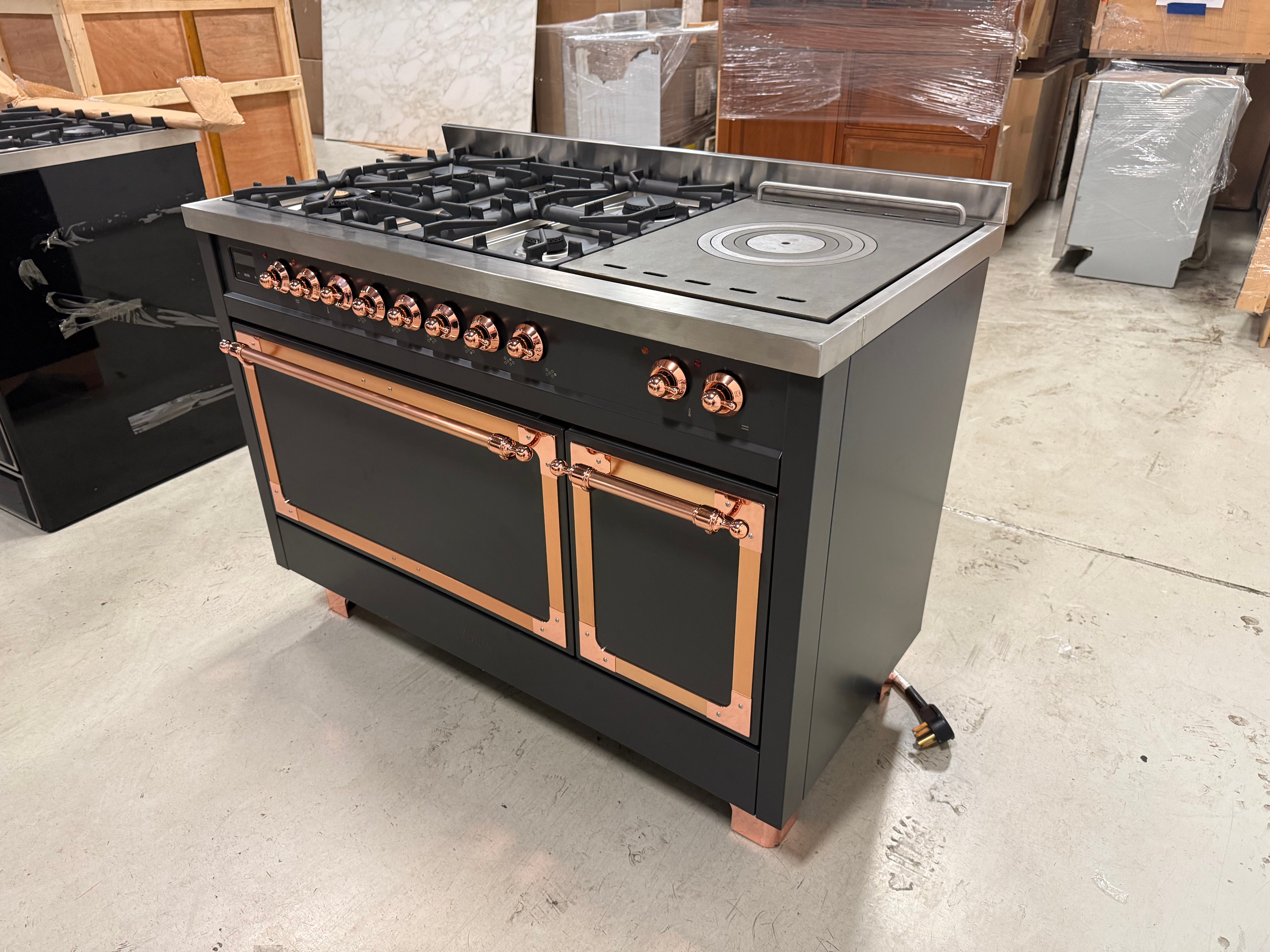 Ilve Nostalgie UN48FSQNMPMGP 48" Graphite Matte & Copper Dual Fuel Range