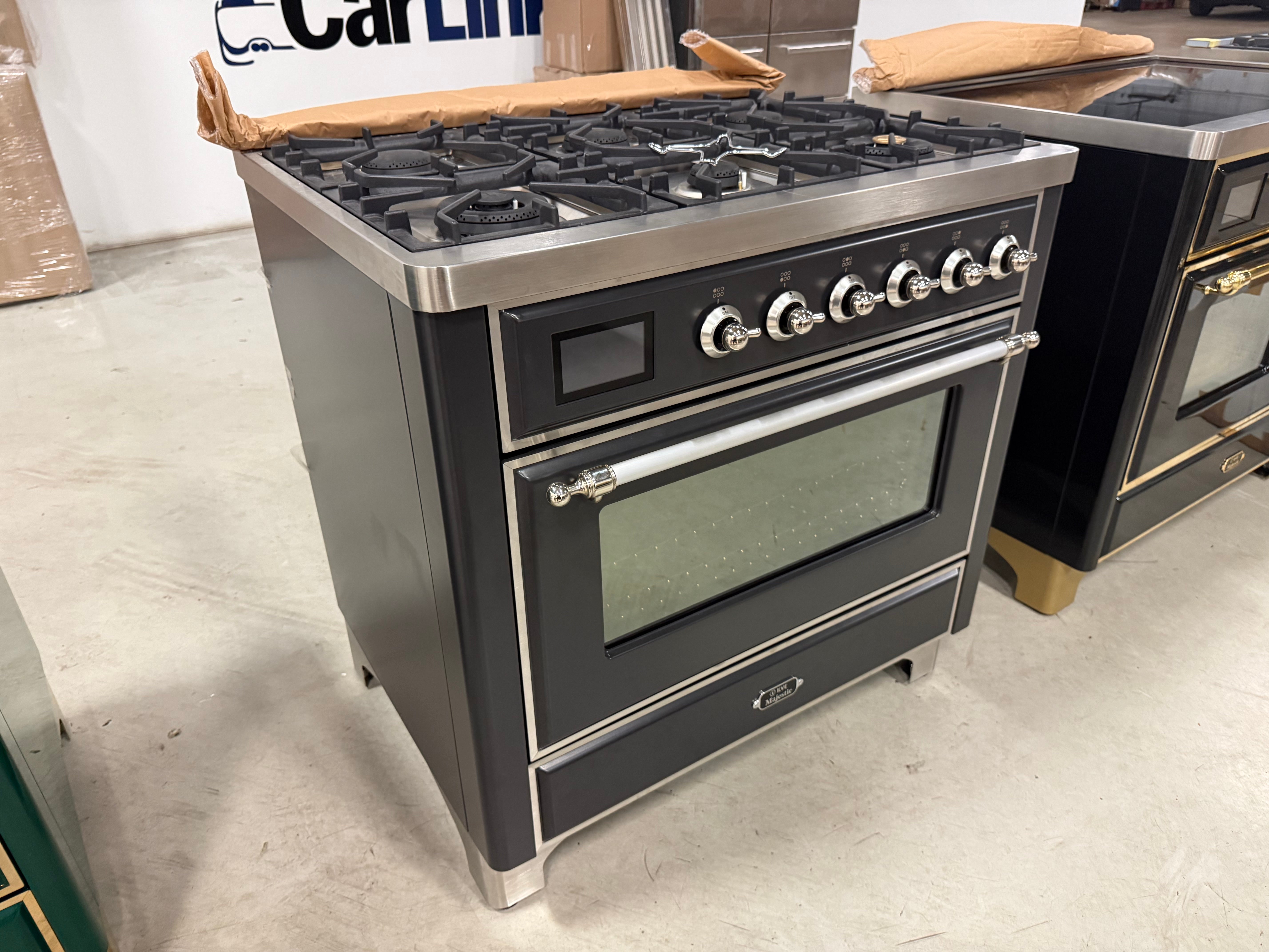 Luxury 36 inch Italian freestanding gas range in matte graphite finish by ILVE
