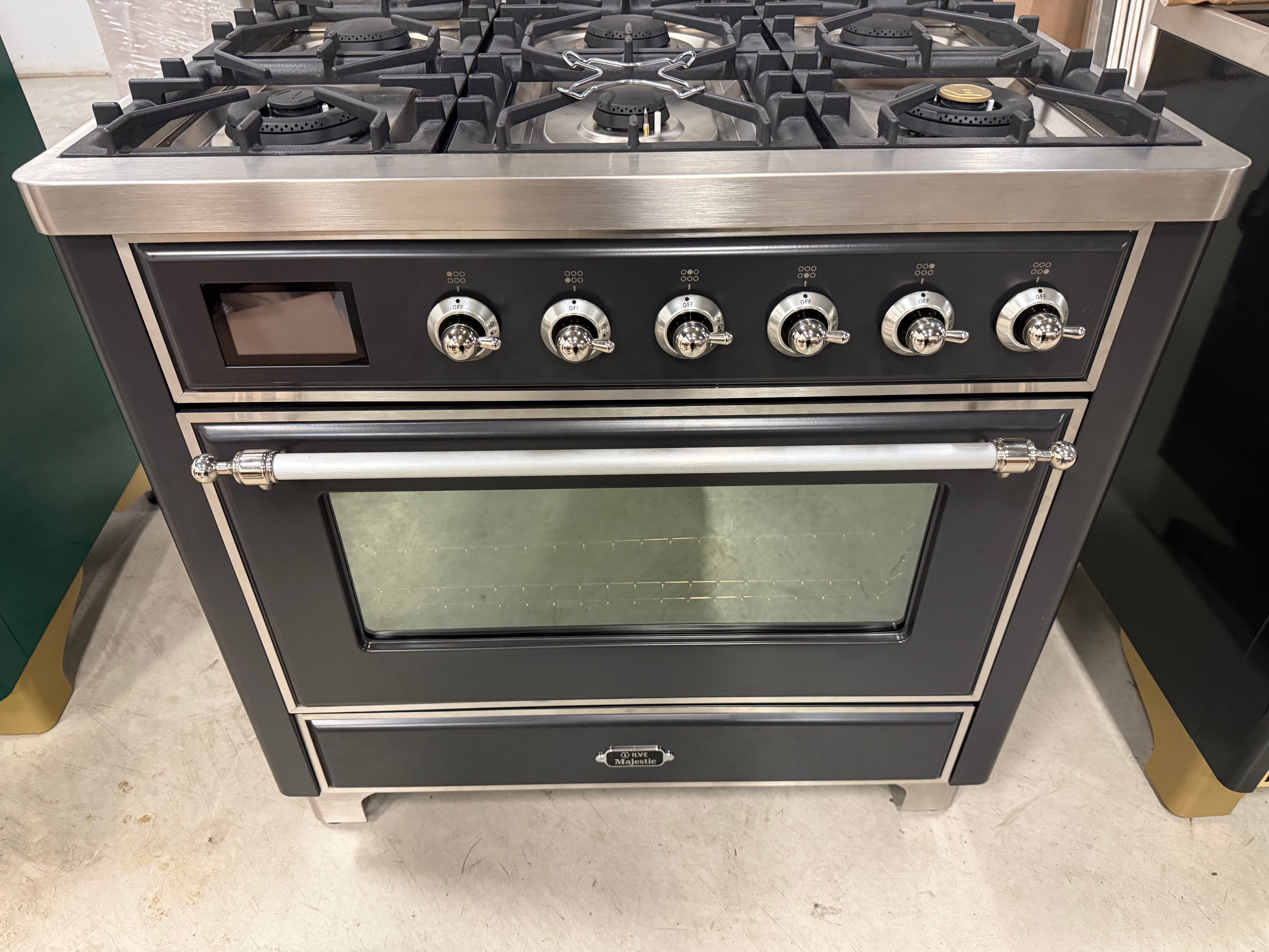 Ilve Majestic UM096DNS3MGC 36" Matte Graphite & Chrome Dual Fuel Range