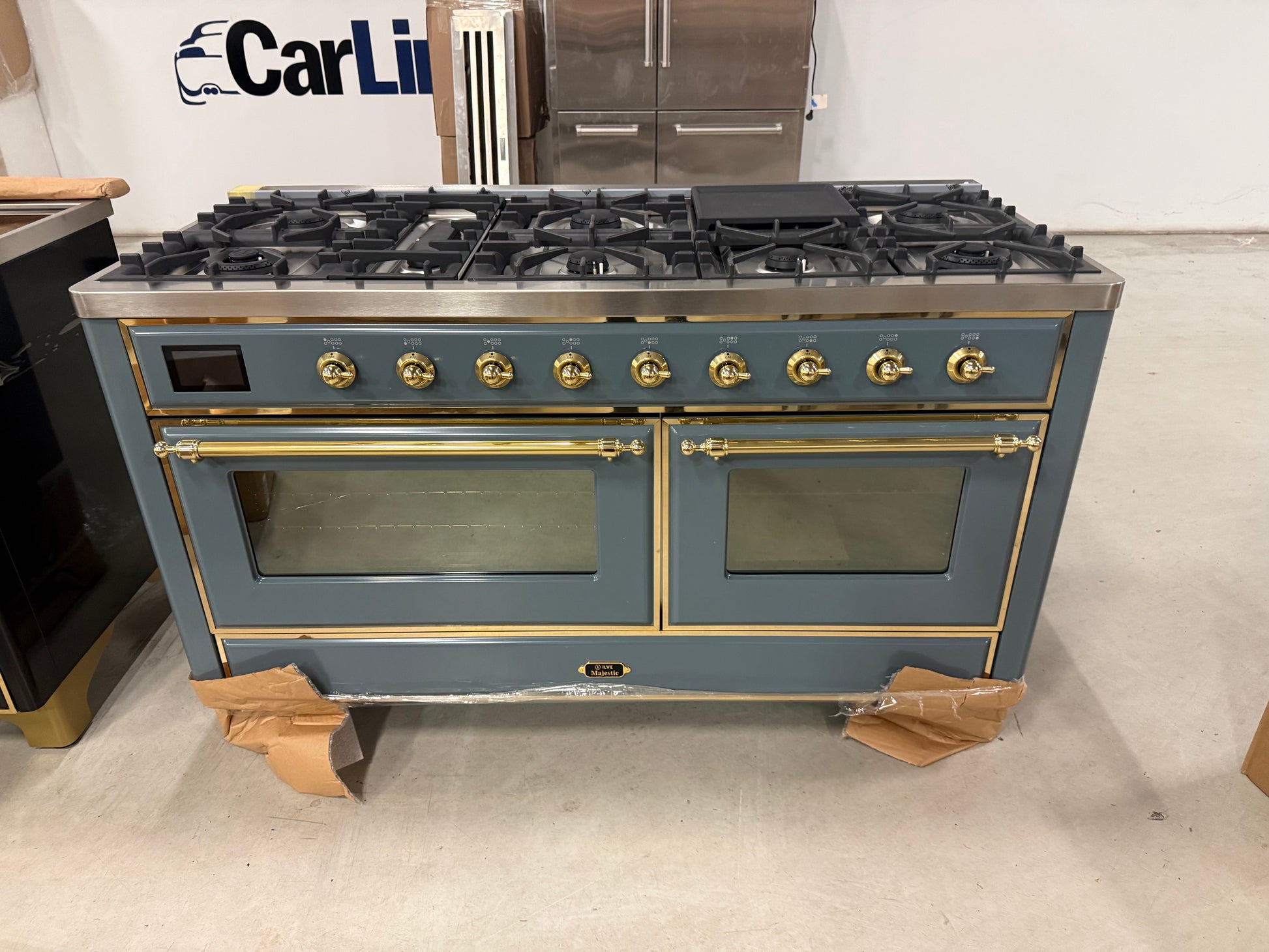ILVE UM15FDNS3BGG Majestic II 60 inch dual fuel range blue grey brass trim front view