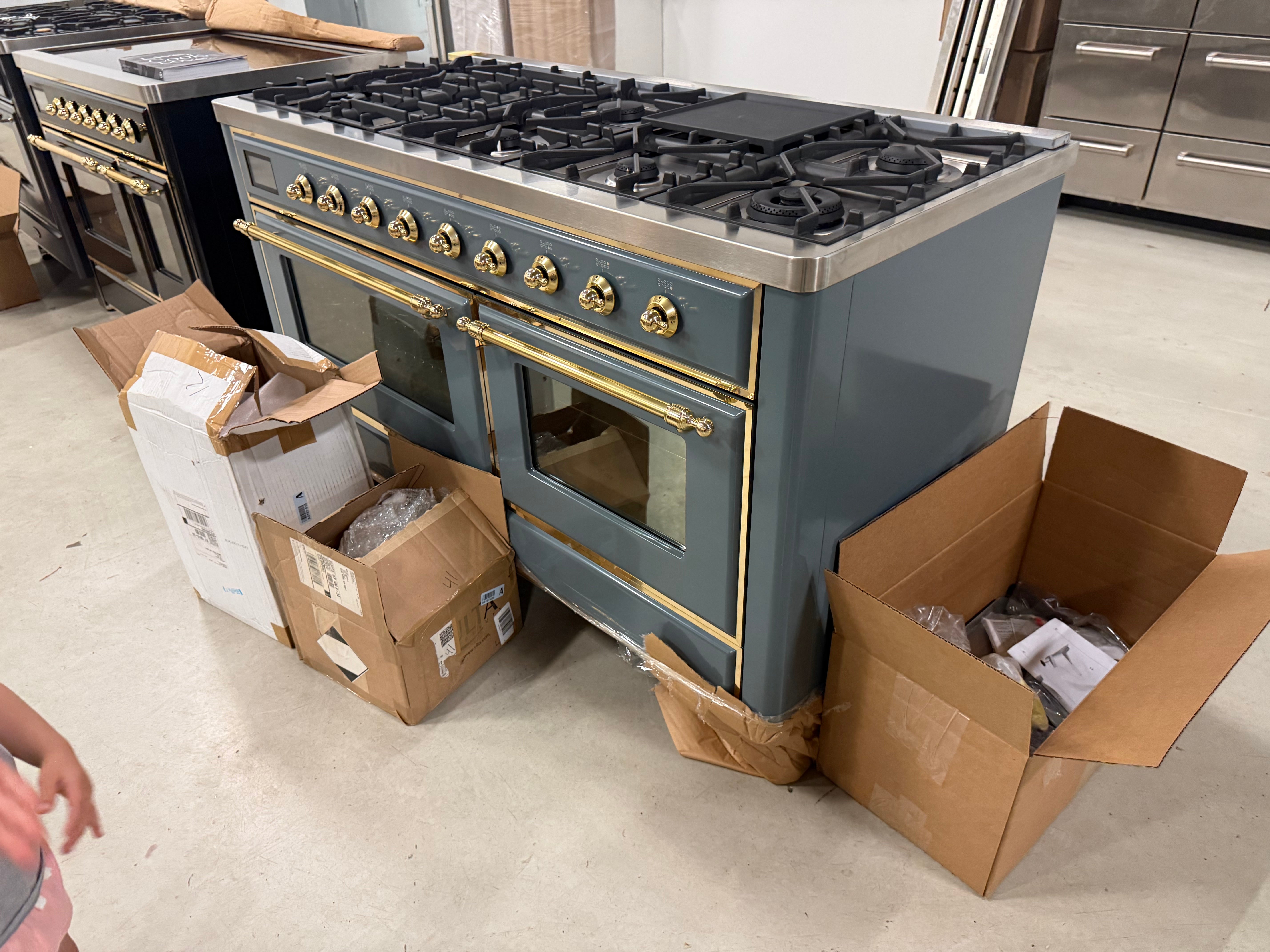 Ilve Majestic UM15FDNS3BGG 60" Blue Grey & Brass Dual Fuel Range