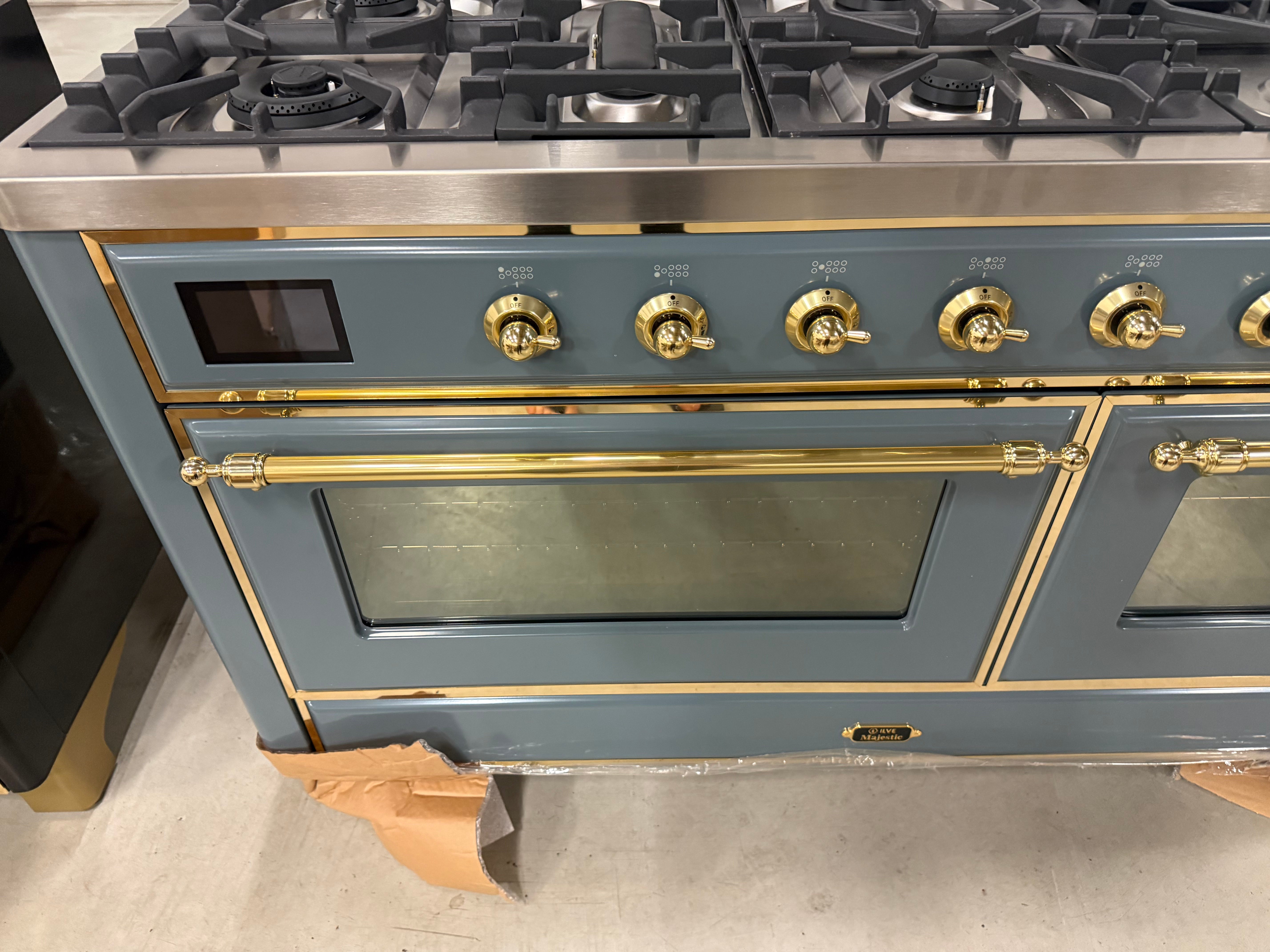 Ilve Majestic UM15FDNS3BGG 60" Blue Grey & Brass Dual Fuel Range