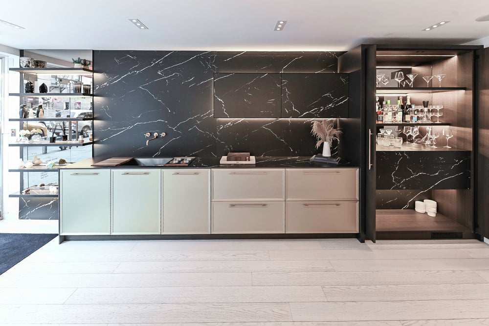 DOCA Modern Light Gold & Black Kitchen Wall Display with Neolith Countertops