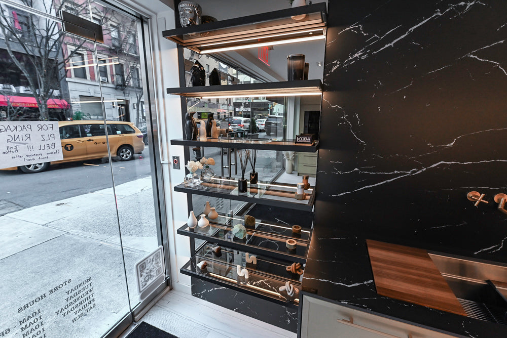 DOCA Modern Light Gold & Black Kitchen Wall Display with Neolith Countertops