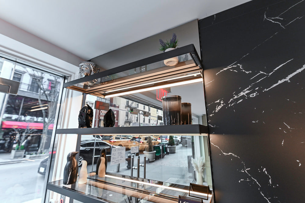 DOCA Modern Light Gold & Black Kitchen Wall Display with Neolith Countertops