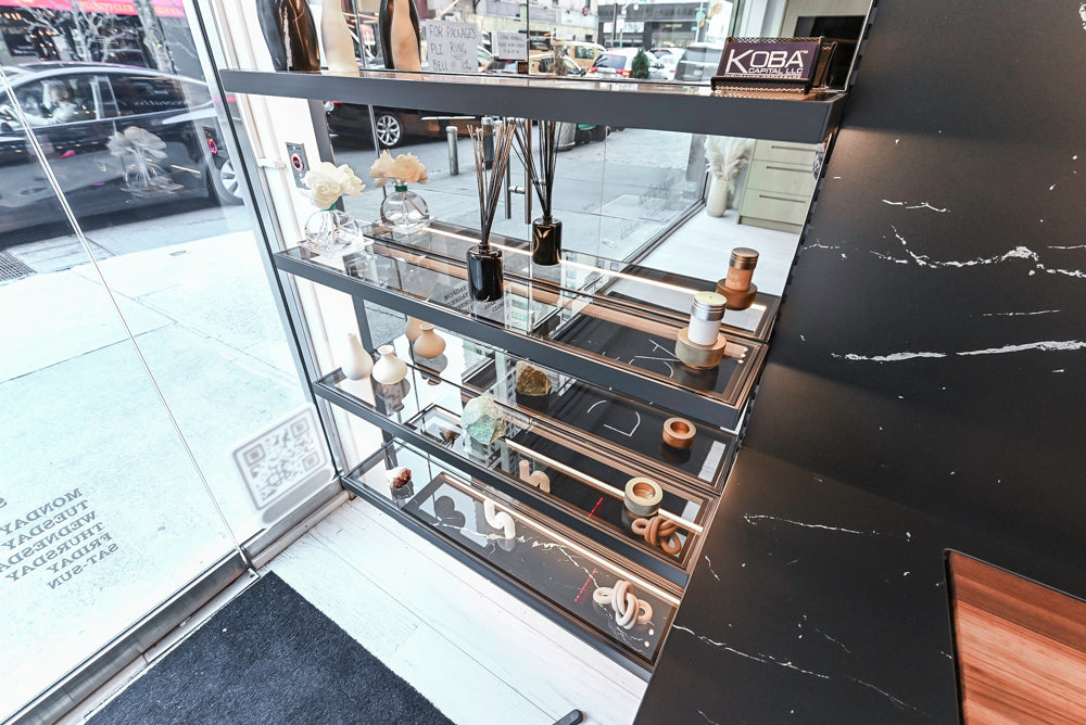 DOCA Modern Light Gold & Black Kitchen Wall Display with Neolith Countertops