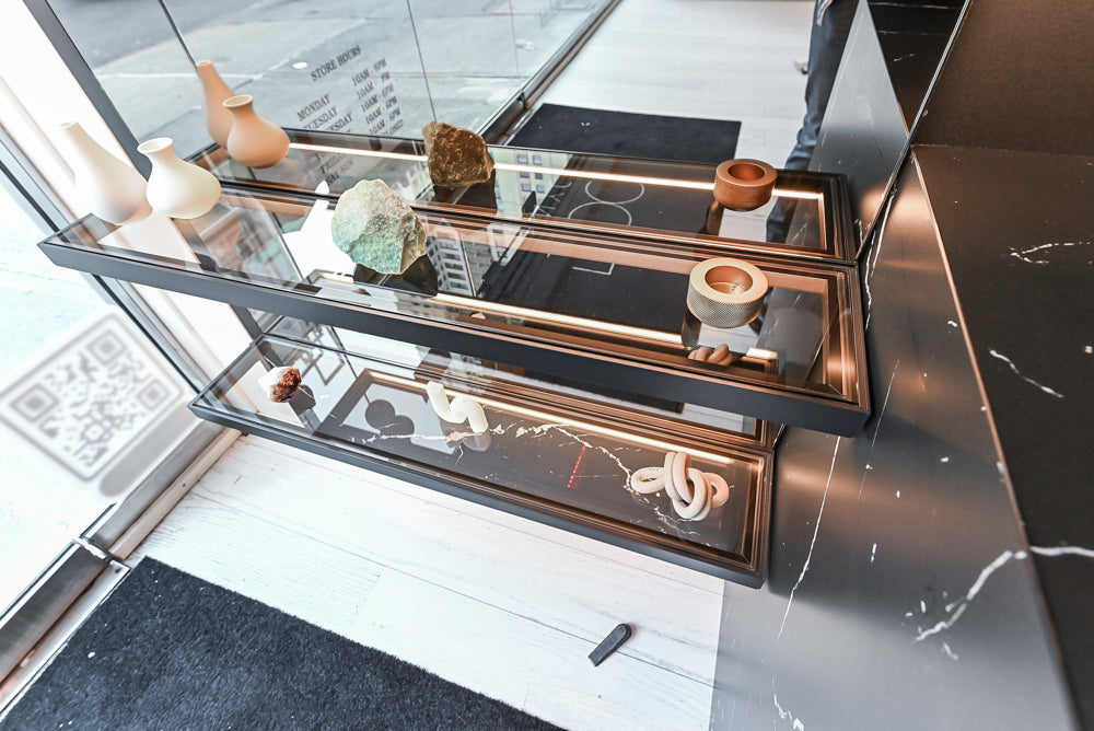 DOCA Modern Light Gold & Black Kitchen Wall Display with Neolith Countertops