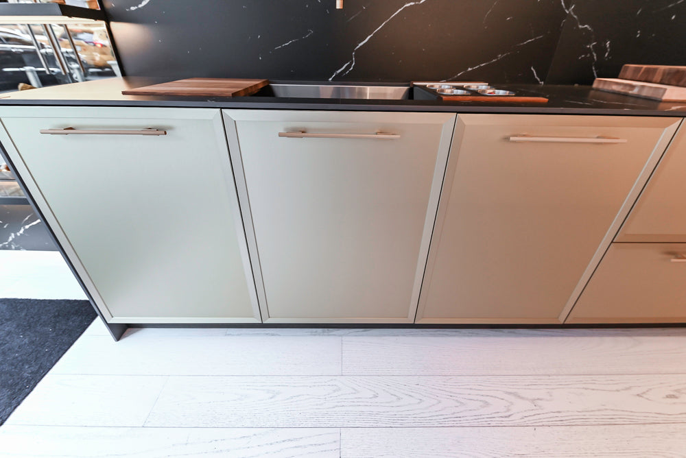 DOCA Modern Light Gold & Black Kitchen Wall Display with Neolith Countertops