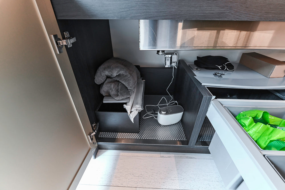 DOCA Modern Light Gold & Black Kitchen Wall Display with Neolith Countertops