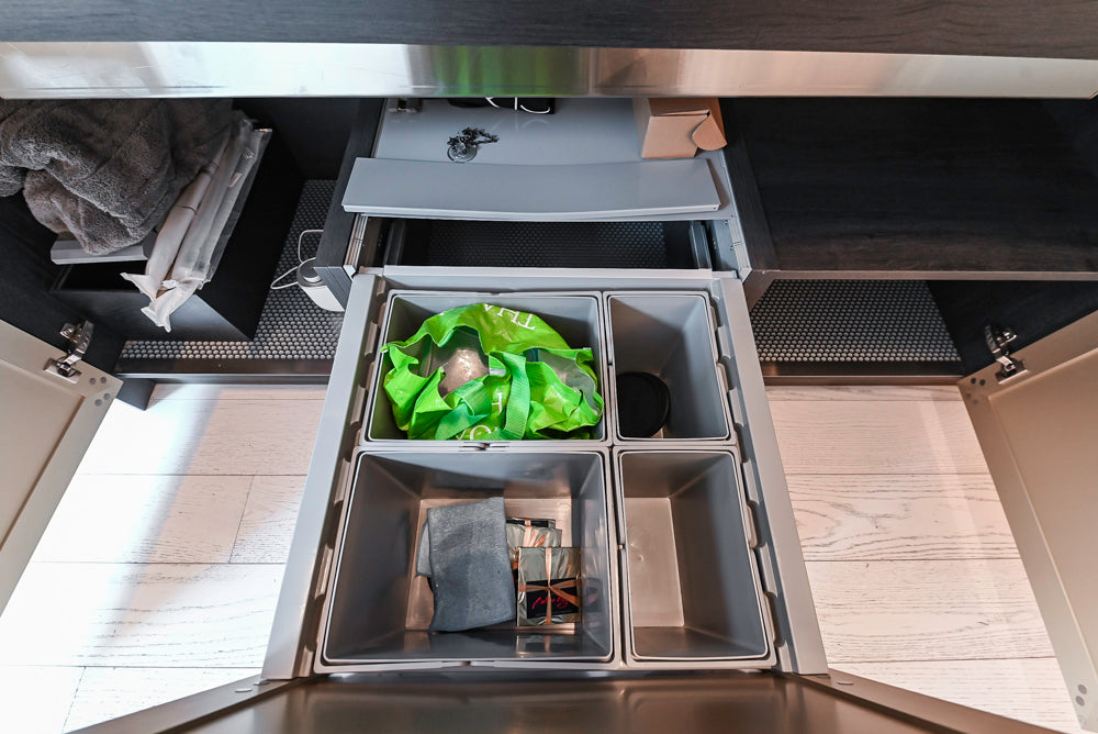 DOCA Modern Light Gold & Black Kitchen Wall Display with Neolith Countertops