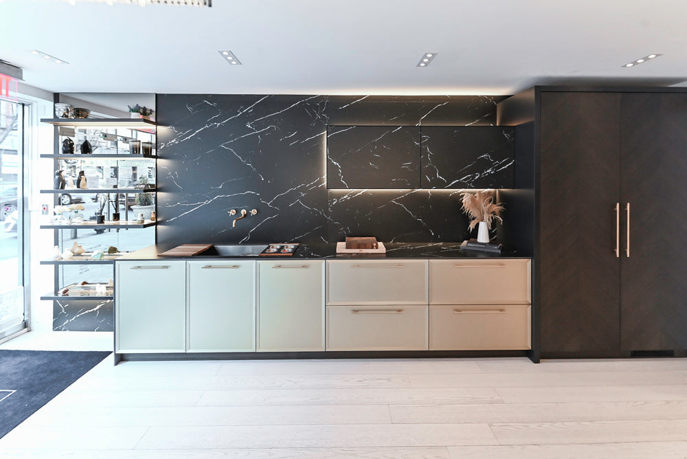 DOCA Modern Light Gold & Black Kitchen Wall Display with Neolith Countertops