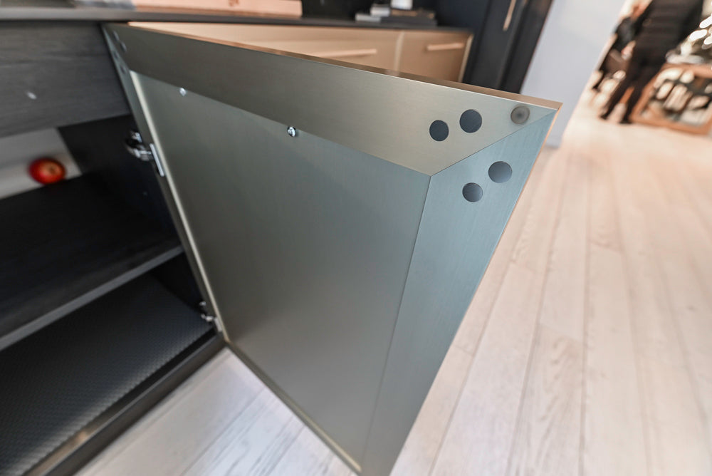 DOCA Modern Light Gold & Black Kitchen Wall Display with Neolith Countertops