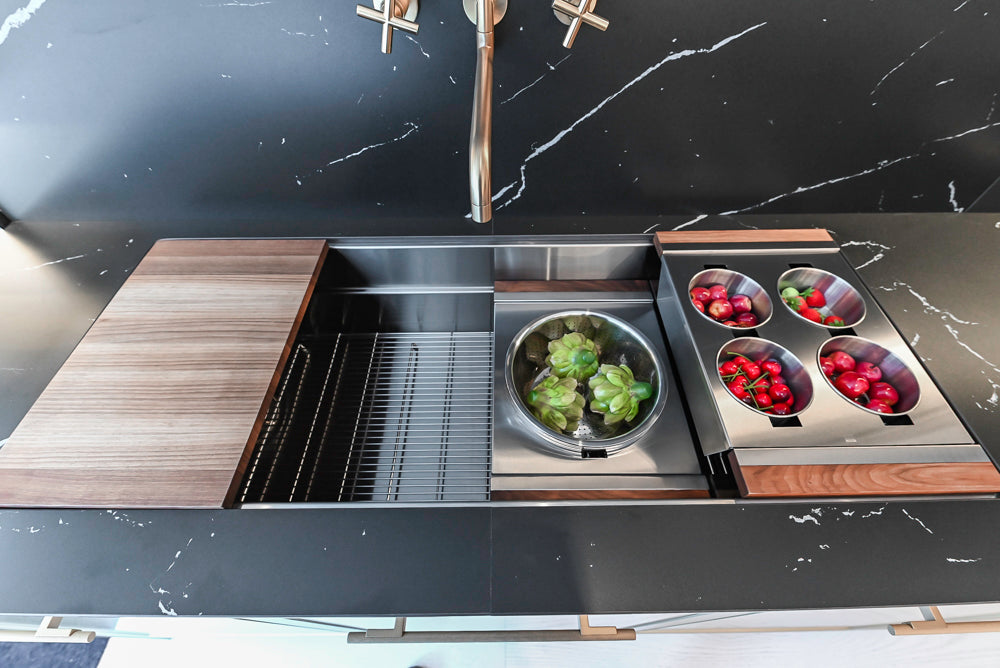 DOCA Modern Light Gold & Black Kitchen Wall Display with Neolith Countertops