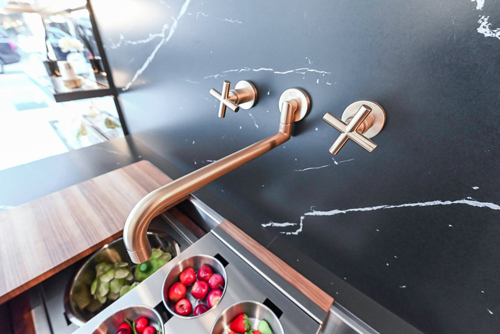 DOCA Modern Light Gold & Black Kitchen Wall Display with Neolith Countertops