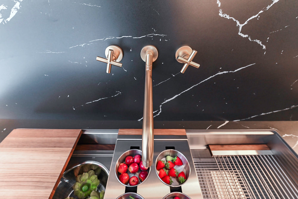 DOCA Modern Light Gold & Black Kitchen Wall Display with Neolith Countertops