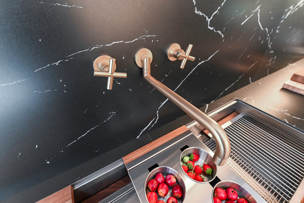 DOCA Modern Light Gold & Black Kitchen Wall Display with Neolith Countertops
