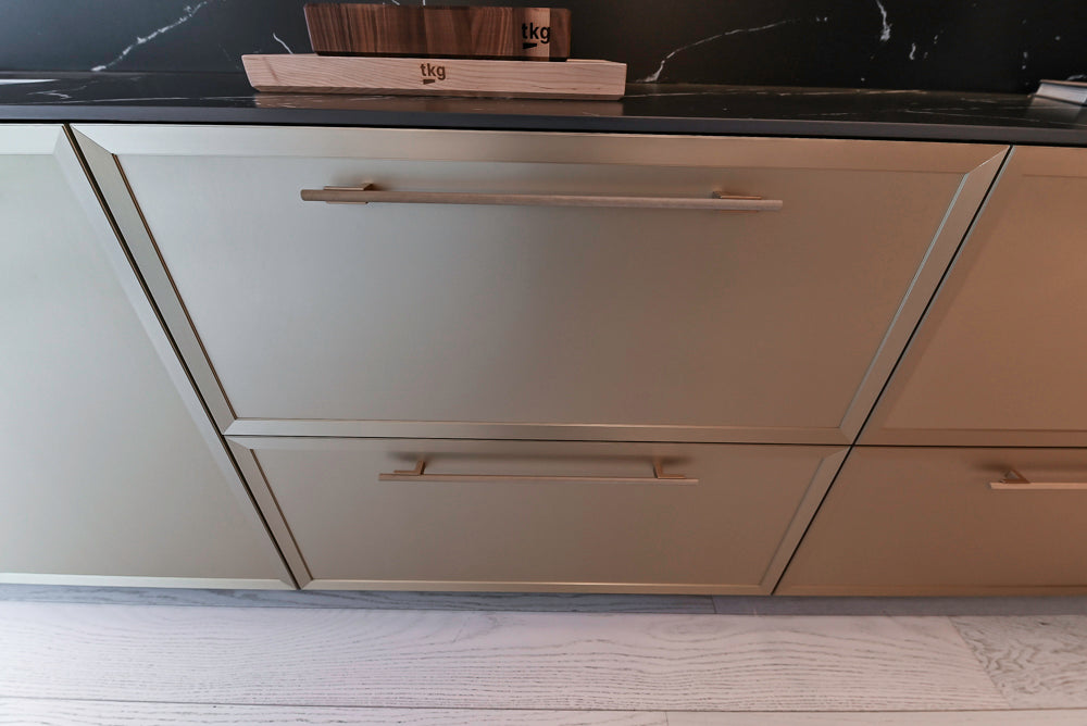 DOCA Modern Light Gold & Black Kitchen Wall Display with Neolith Countertops