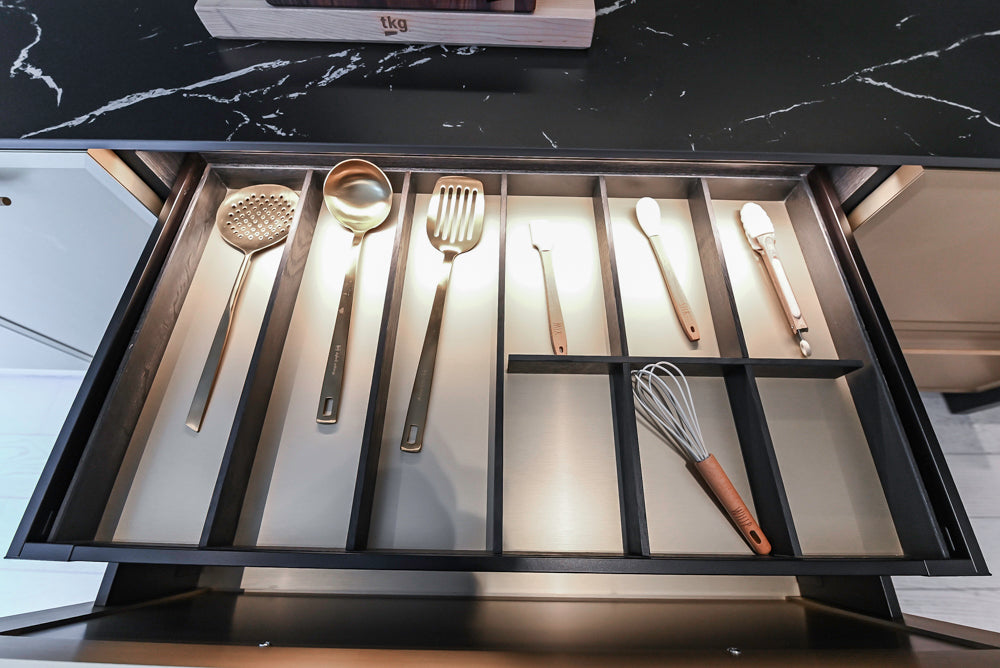 DOCA Modern Light Gold & Black Kitchen Wall Display with Neolith Countertops