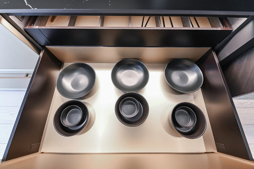 DOCA Modern Light Gold & Black Kitchen Wall Display with Neolith Countertops