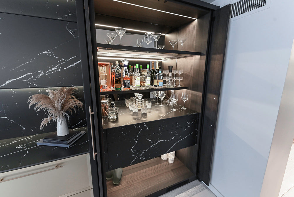 DOCA Modern Light Gold & Black Kitchen Wall Display with Neolith Countertops