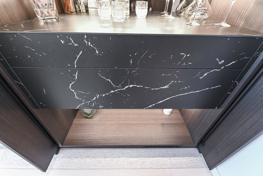 DOCA Modern Light Gold & Black Kitchen Wall Display with Neolith Countertops