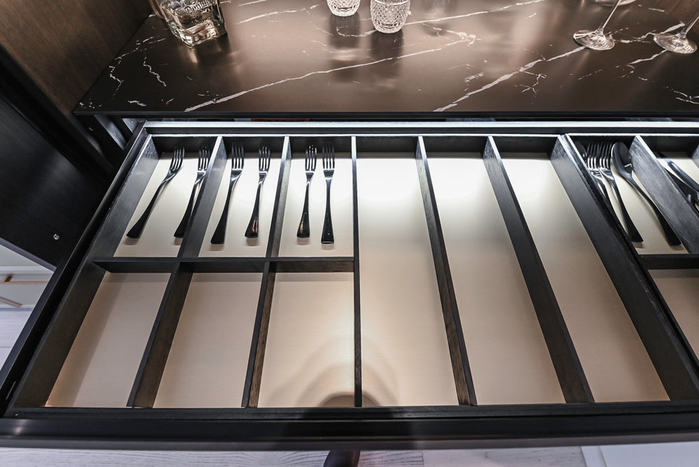 DOCA Modern Light Gold & Black Kitchen Wall Display with Neolith Countertops