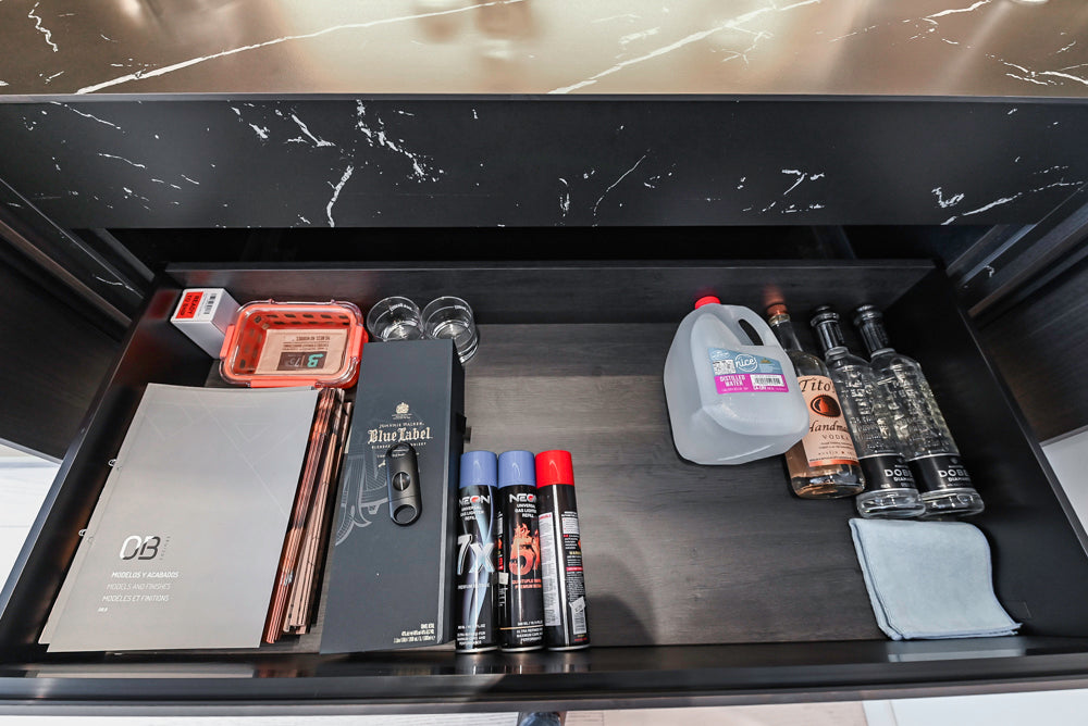 DOCA Modern Light Gold & Black Kitchen Wall Display with Neolith Countertops