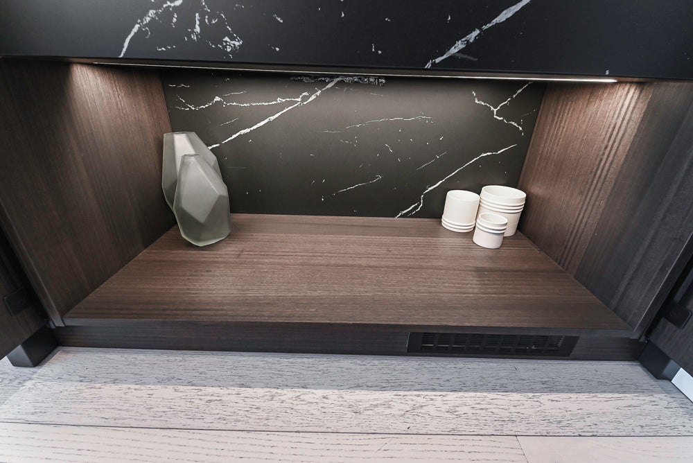 DOCA Modern Light Gold & Black Kitchen Wall Display with Neolith Countertops